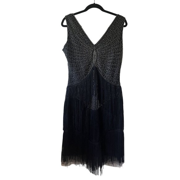 Unique Vintage 1920s Black Beaded Fringe Flapper Dress L - Picture 2 of 10